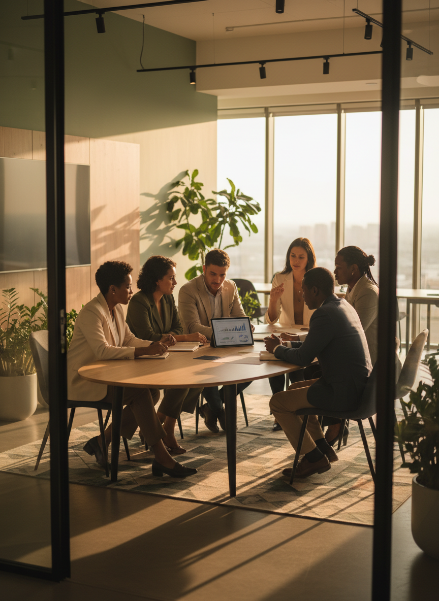 Diverse professionals in focused discussion in a modern South African office